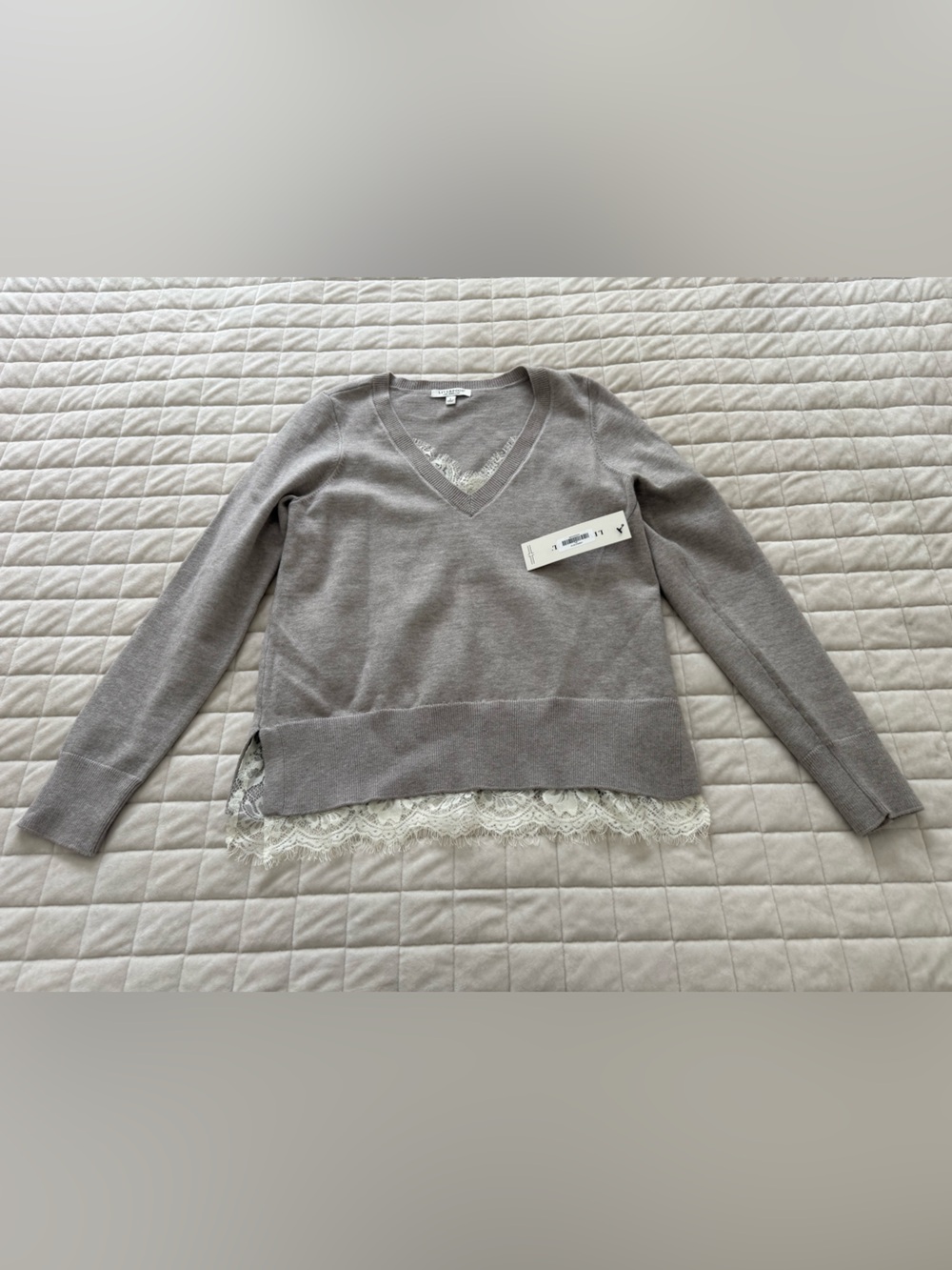 Liverpool Heather Grey V-Neck Sweater with Lace Trim